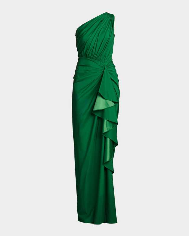 One-Shoulder Shirred Ruffle Gown